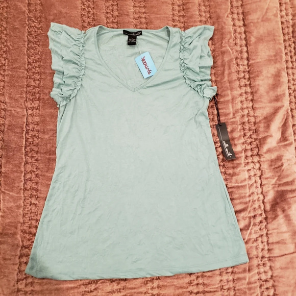 Flutter Sleeve V-neck Top Women Large Boho Summer green mint sage seafoam NEW - Picture 3 of 7